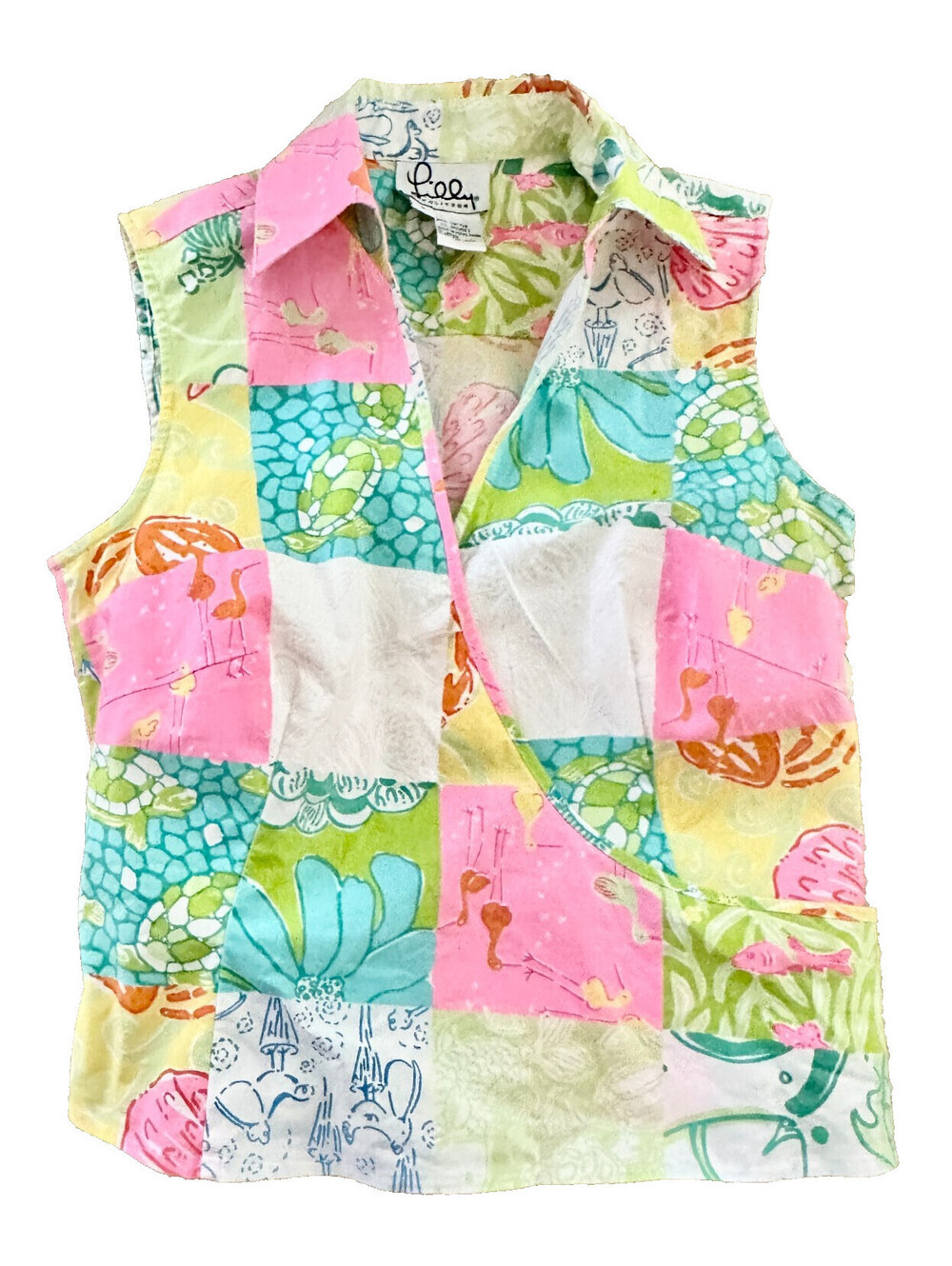 Lilly Pulitzer Patel Wrap Blouse V-Neck Sleeveless Top Collared Vintage Cotton 2